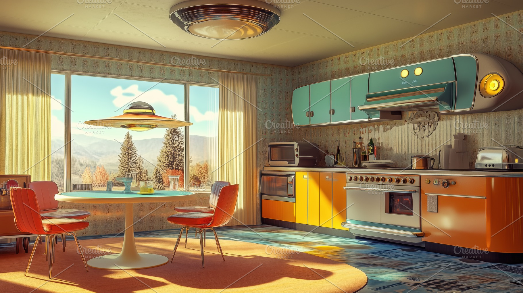 A retro-futuristic kitchen featuring a round table with orange chairs, a sleek, an Arts & Entertainment Photo by Textures & Backgrounds