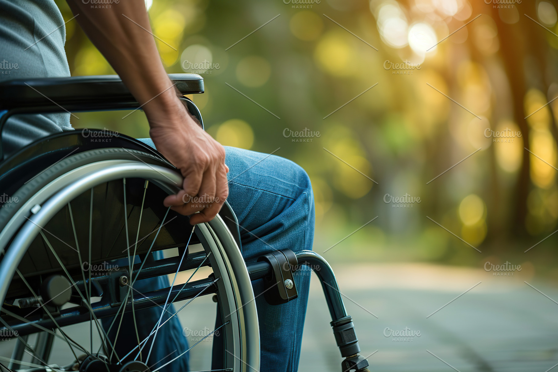 Male hand on wheelchair in the park with sunlights, a Photo by AlyaAnd