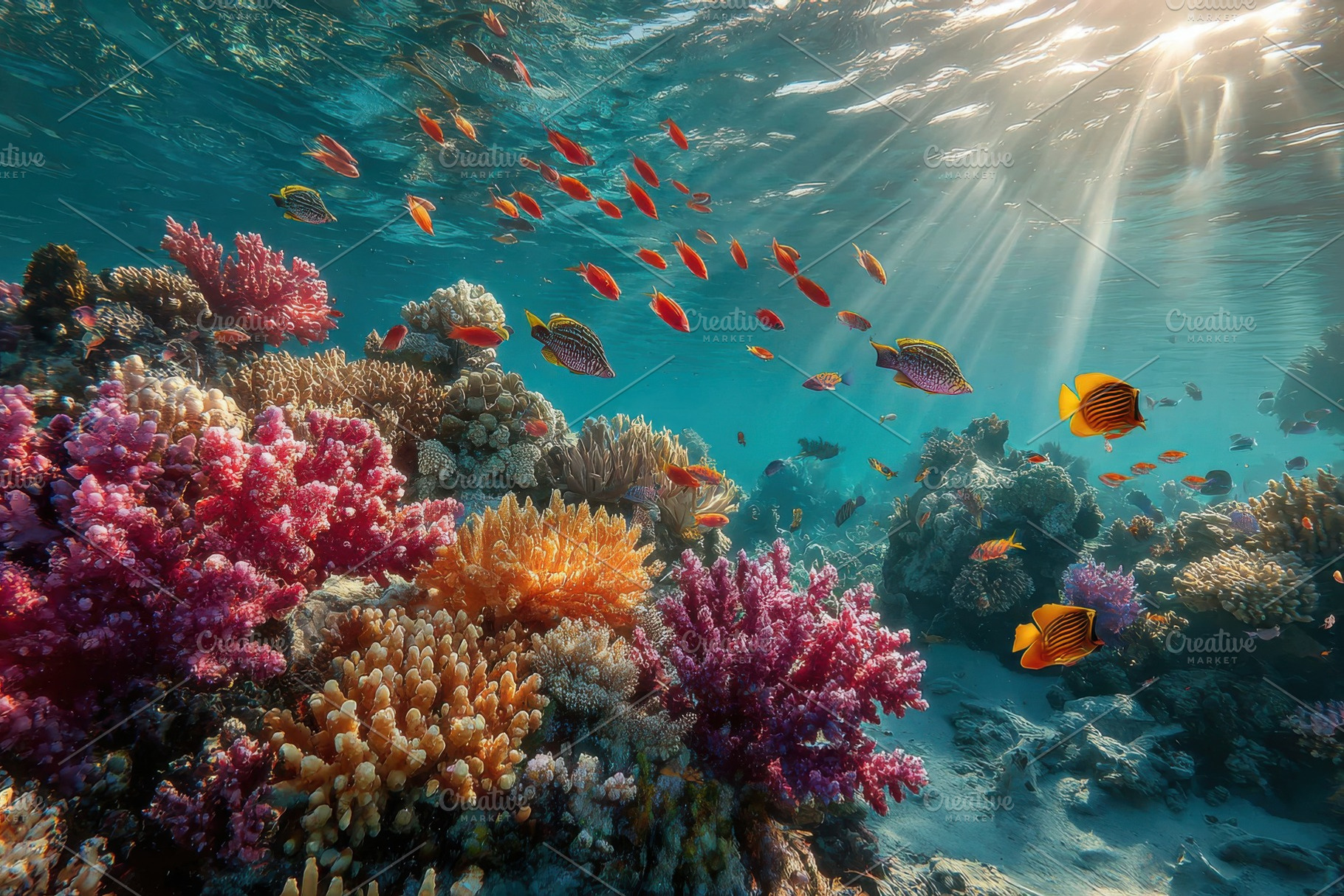 Vibrant coral reef teeming with colo, a Photo by Pixeness Studio