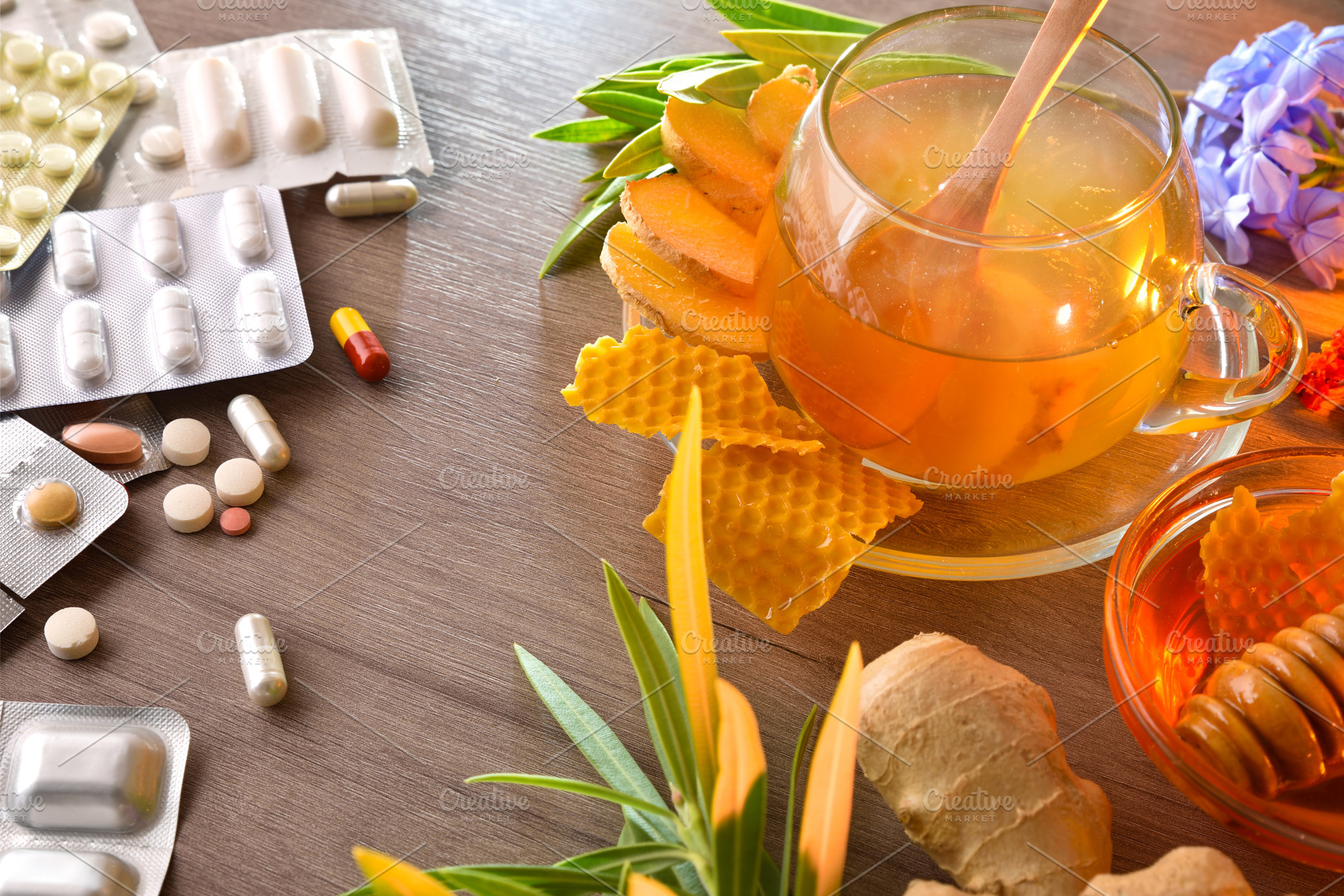Comparison between chemical medicine and herbal medicine on wood, a Food & Drink Photo by Davizro's Market