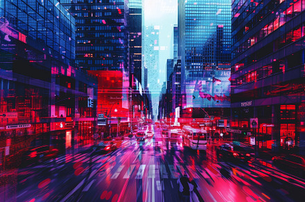 Colorful neon lights fill the street, a Photo by Tanuart
