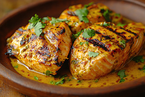 Grilled salmon fillets with spices in curry sauce served on a brown plate, a Food & Drink Photo by AlyaAnd