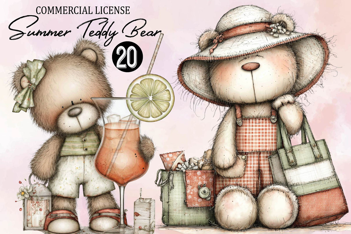 Watercolor Summer Teddy Bear Clipart, an Illustration by SVGArt (Photo 1 of 9)
