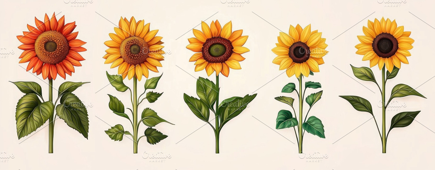 Five illustrated sunflowers with varied petal shapes and leaf st, a Nature Photo by José Manuel Gelpi