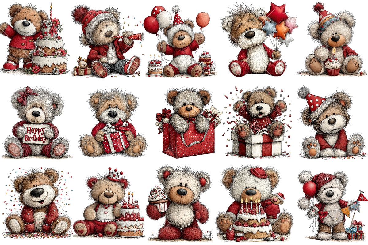 Whimsical Birthday Teddy Bear Clipar, an Illustration by OK Design (Photo 3 of 6)