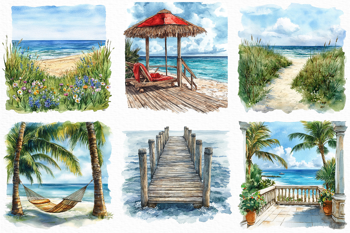 Watercolor Beach Landscape Clipart, an Illustration by Craft Nest (Photo 3 of 5)