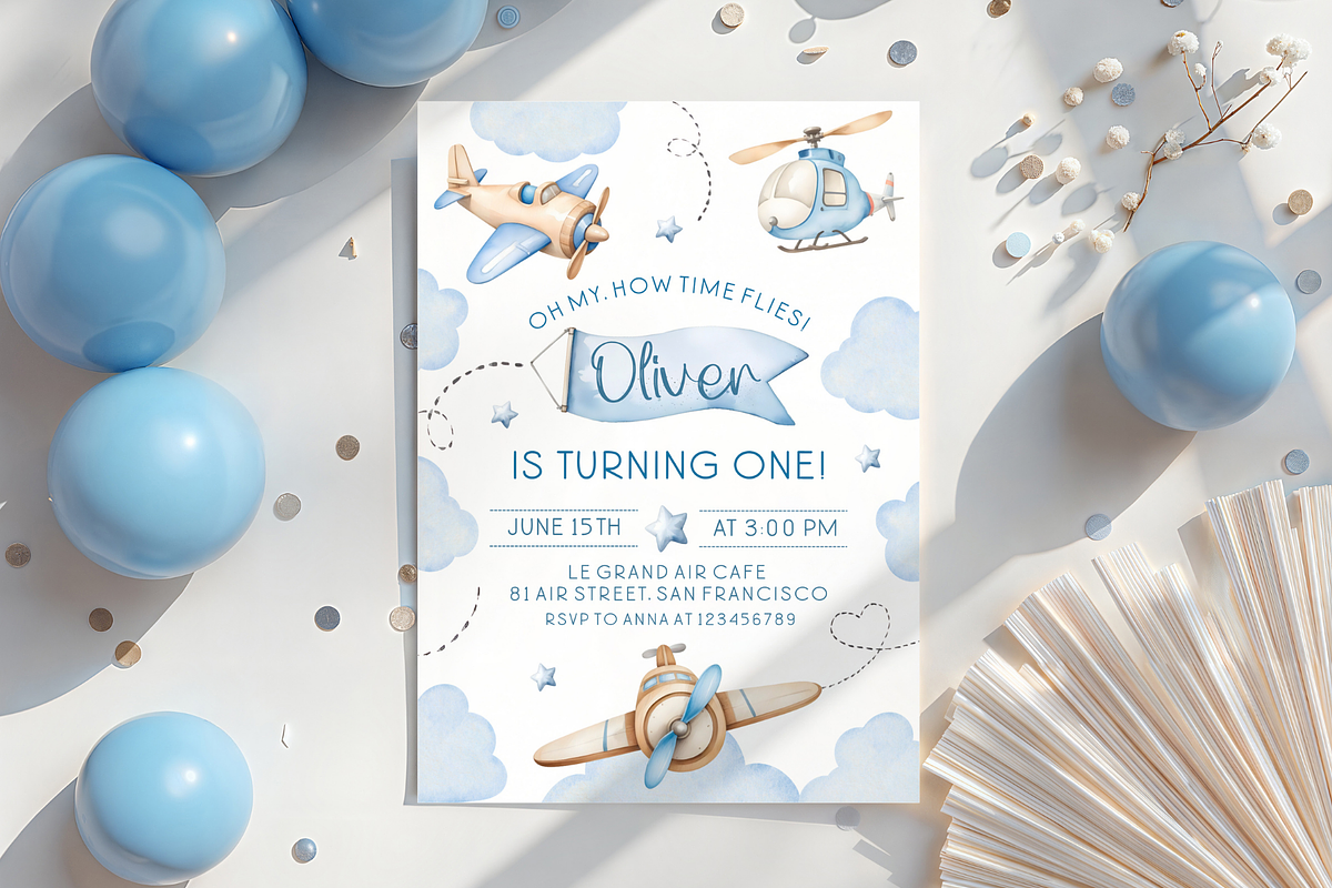 Airplane First Birthday Invite Set, a Templates & Theme by VeliusCreativeStudio (Photo 5 of 5)