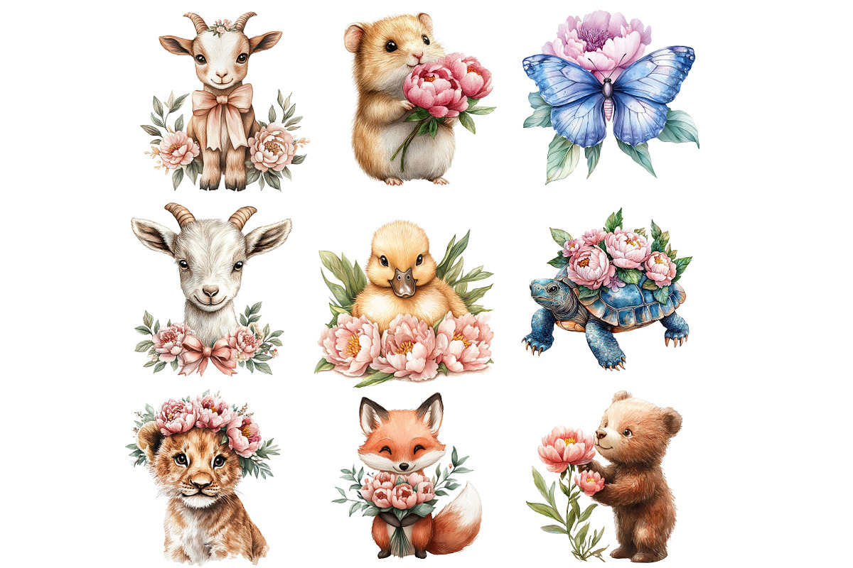 Summer Peony Flower Animals Clipart, an Illustration by Designworld (Photo 4 of 8)