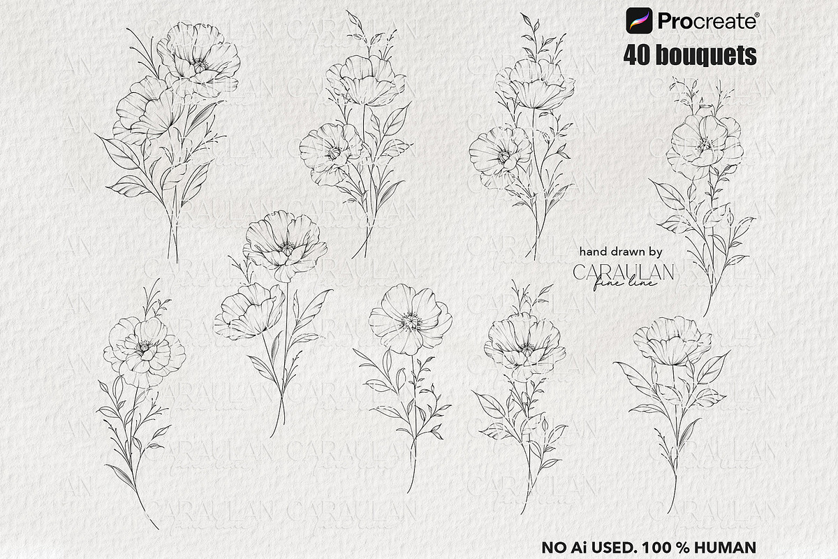 Poppy Fine Line Procreate Stamps, a Brush Add-On by CaraulanStore (Photo 3 of 8)