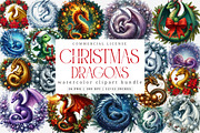Watercolor Christmas Dragons Clipart, an Illustration by SinaCreation (Thumbnail 1 of 7)