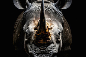 Frontal portrait of a rhinoceros with horn in focus, an Animal Photo by GoodGoods