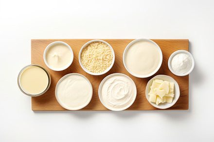 Fresh dairy products on white background, a Food & Drink Photo by AlyaAnd
