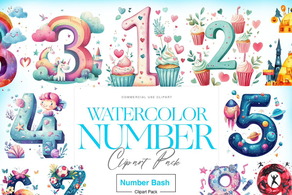 Numbers Clipart, Watercolor Numbers, an Education Illustration by BrushstrokeArtGB (Photo 1 of 9)