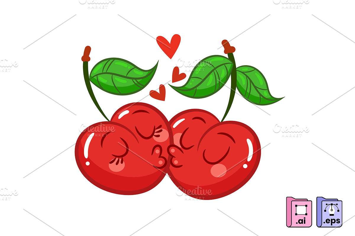 Hand Drawn Cherry Kiss Cartoon, a Food Illustration by MISS CHATZ (Photo 2 of 3)
