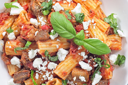 Rigatoni alla Norma pasta with eggplant, tomato, basil and ricotta salata, hori