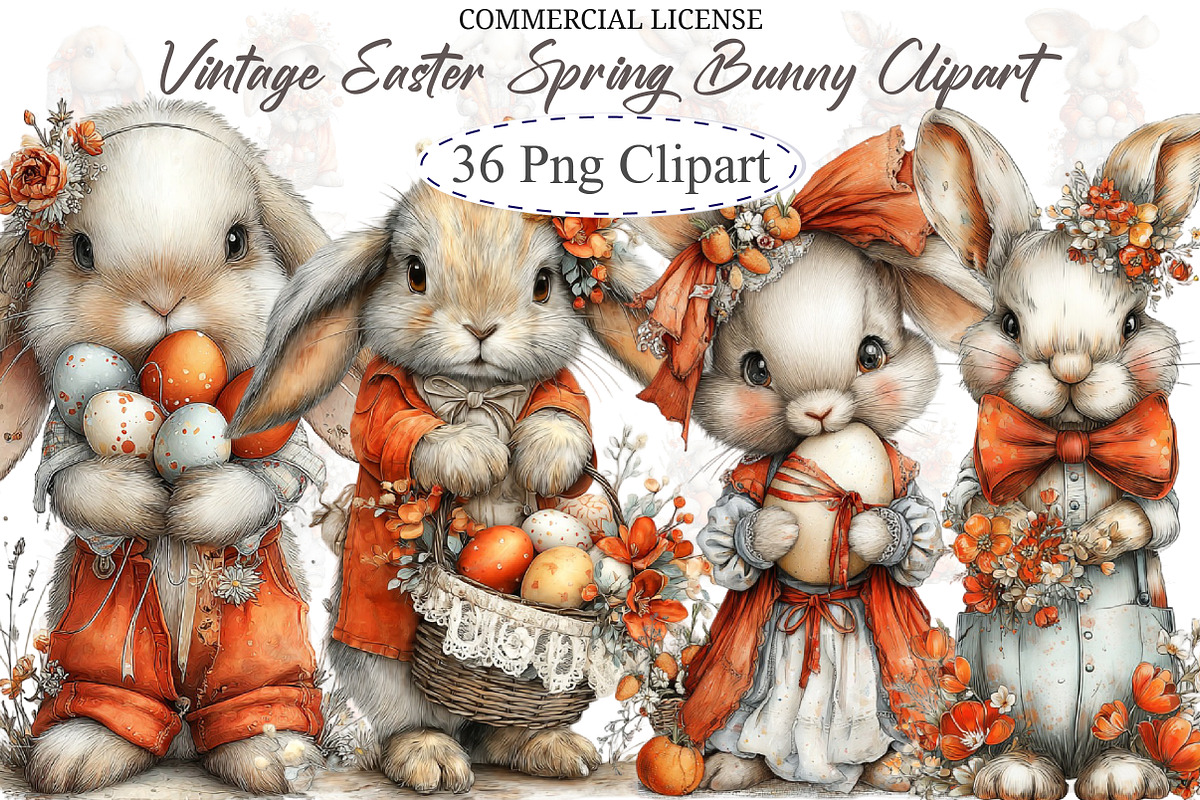 Vintage Easter Spring Bunny Clipart, an Illustration by designcity5 (Photo 1 of 5)