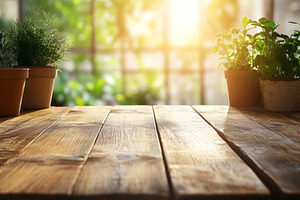 A serene wooden table with potted herbs, bathed in warm sunlight, creating a ca, a Background Photo by ImageMir