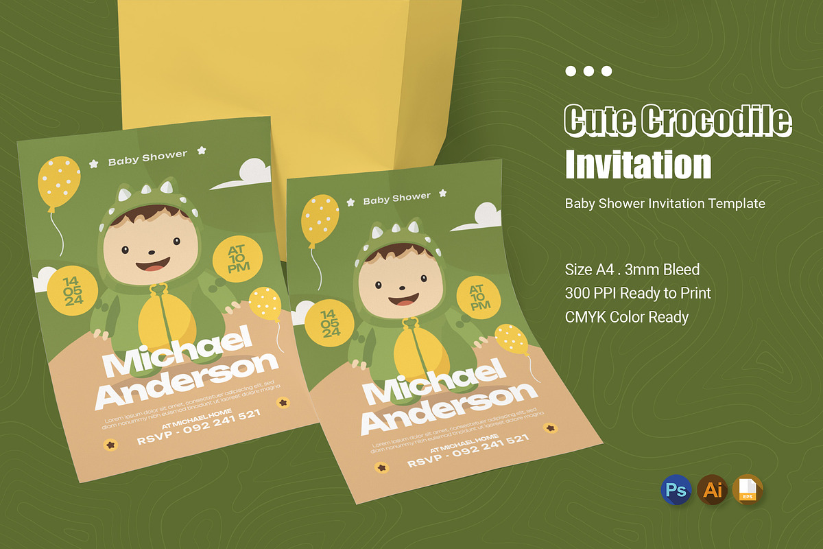 Cute Crocodile Baby Shower Invitatio, an Invitation Template by Esensifiksi.studio (Photo 1 of 2)