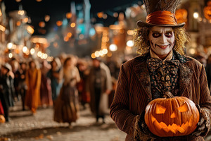 Creepy Clown Holding Glowing Jack O'Lantern at Nighttime Hallowe, a Holiday Photo by José Manuel Gelpi