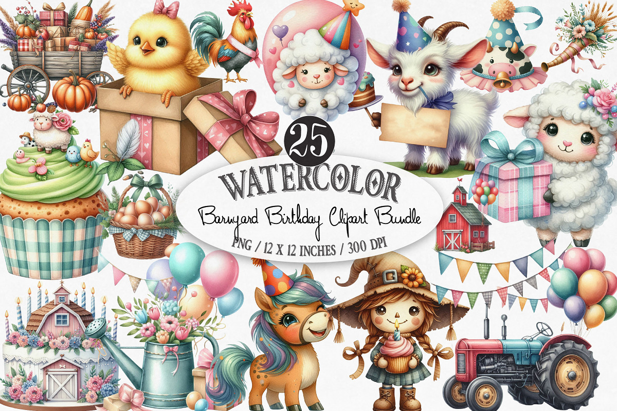 Barnyard Birthday Clipart Bundle, an Illustration by Designking (Photo 1 of 4)