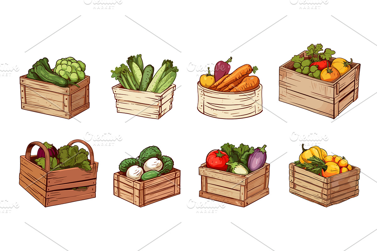 Vegetables in different rustic boxes, a Graphic by LadadikArt