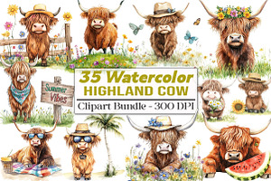Summer Highland cow clipart Set, an Illustration by DreamCafeArt