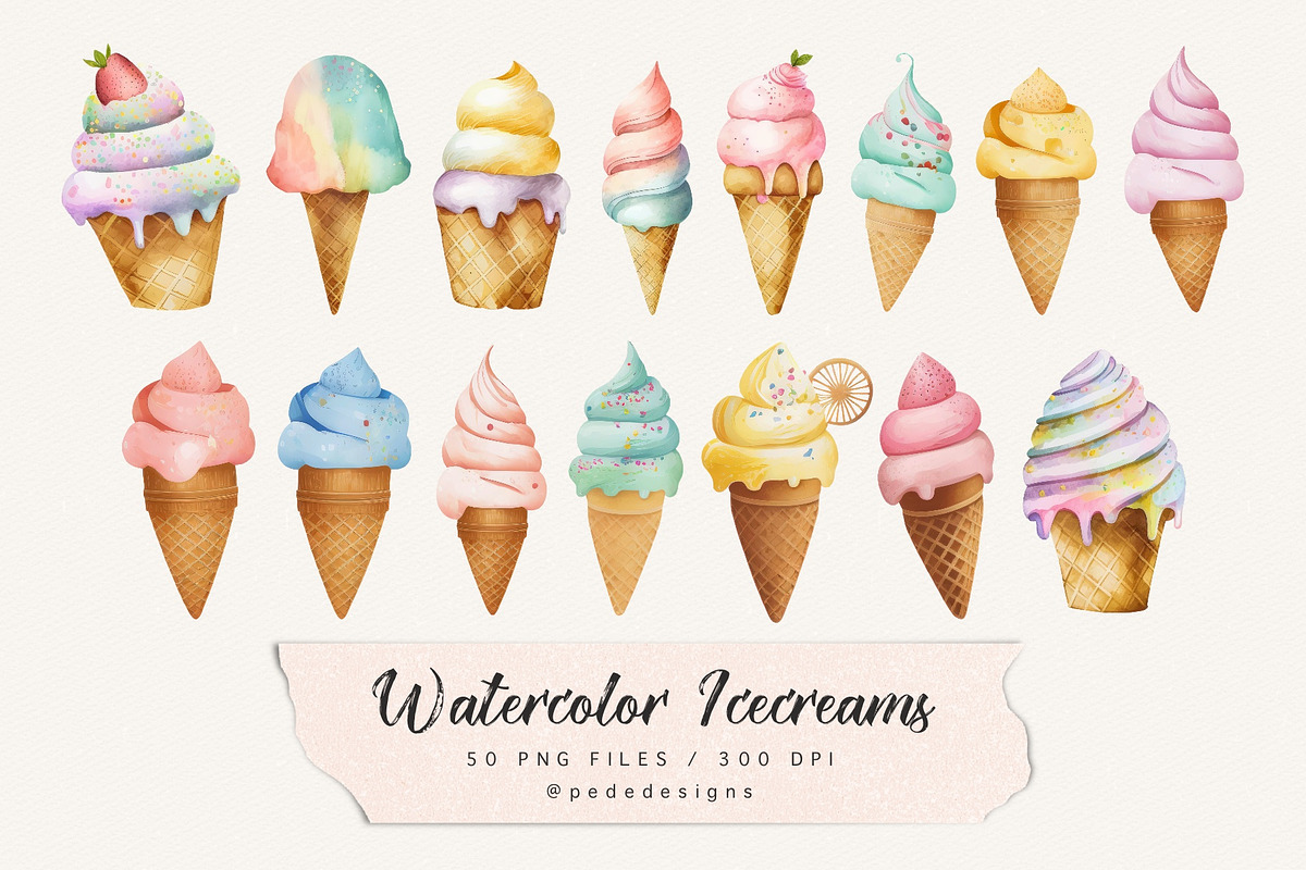 Watercolor Ice Creams, a Food Illustration by PeDe Designs (Photo 2 of 4)