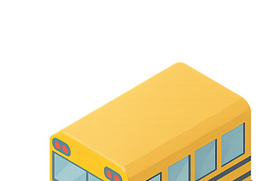 Isometric yellow school bus on trans, an Illustration by Dvoevnore photos
