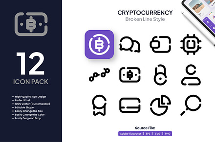 Cryptocurrency Broken Line Icons