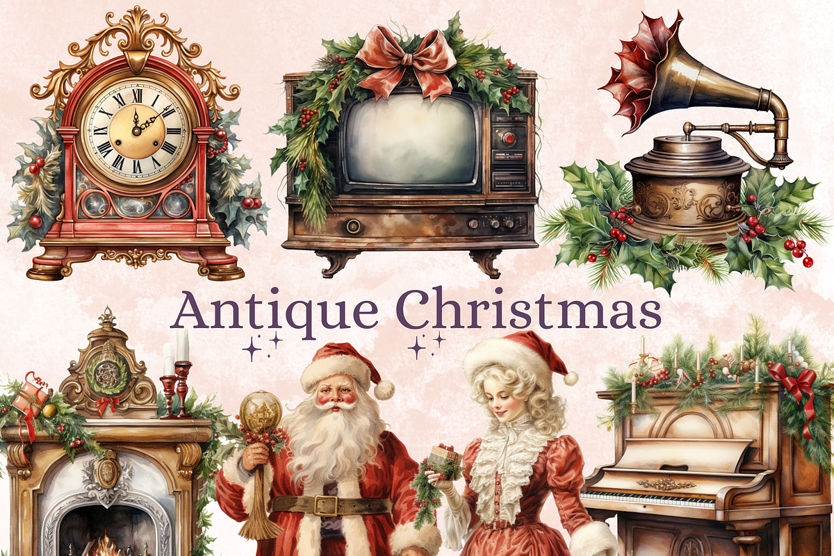 Watercolor Antique Christmas Clipart, a Seasonal Illustration by GiraffeCreative (Photo 1 of 9)