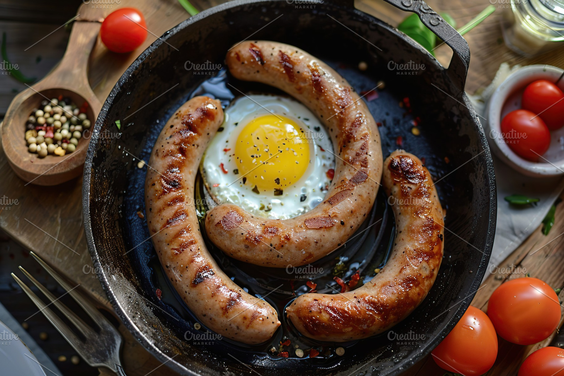 Tasty english breakfast with sausages on pan, a Food & Drink Photo by AlyaAnd