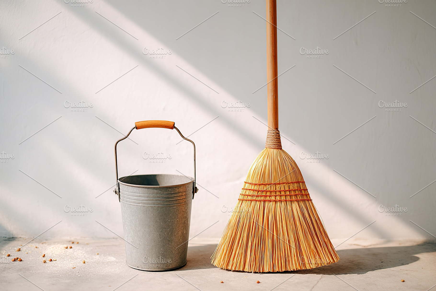 Handmade broom and metal bucket ready for sweeping tasks in a clean workspace, a Photo by AlyaAnd