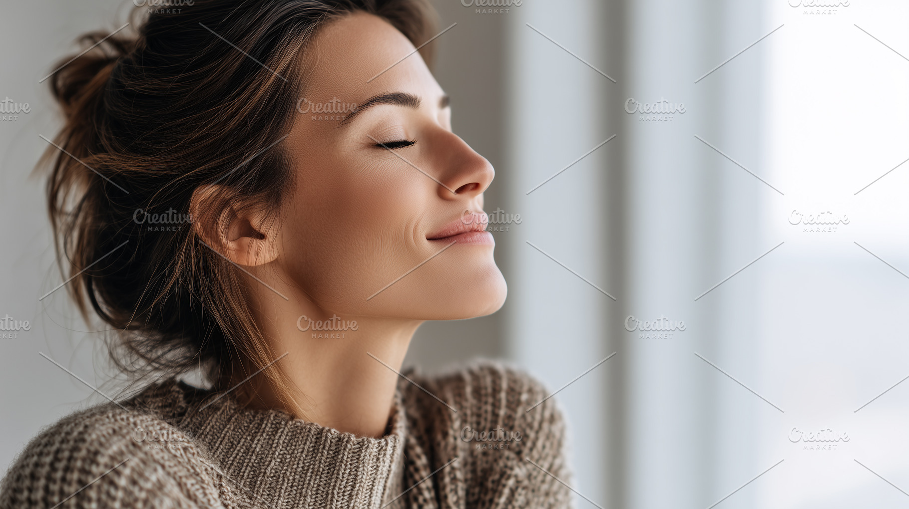 Young woman with closed eyes smiles, a Person Photo by MistyDay
