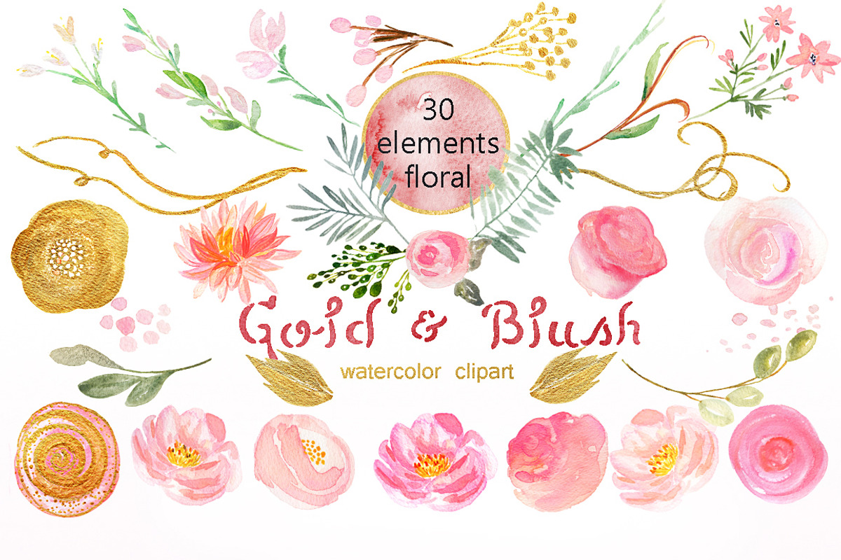 Gold & blush watercolor flowers, an Illustration by LABFcreations (Photo 5 of 6)
