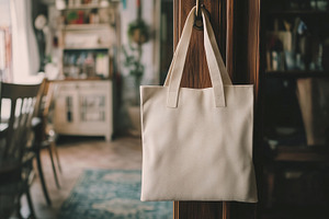 Blank, linen tote bag mockup hanging, a Beauty & Fashion Photo by MistyDay