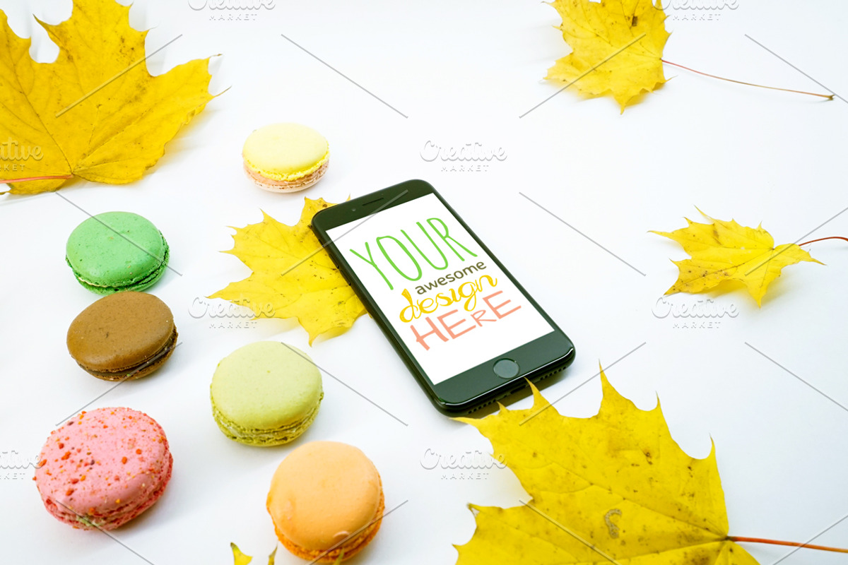 Mock-Up Phone 7 Autumn Macarons 9in1, an iPhone Mockup by EmilGuseinov (Photo 9 of 9)