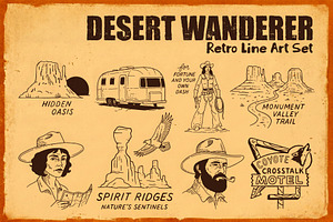 Desert Wanderer: Retro Line Art Set