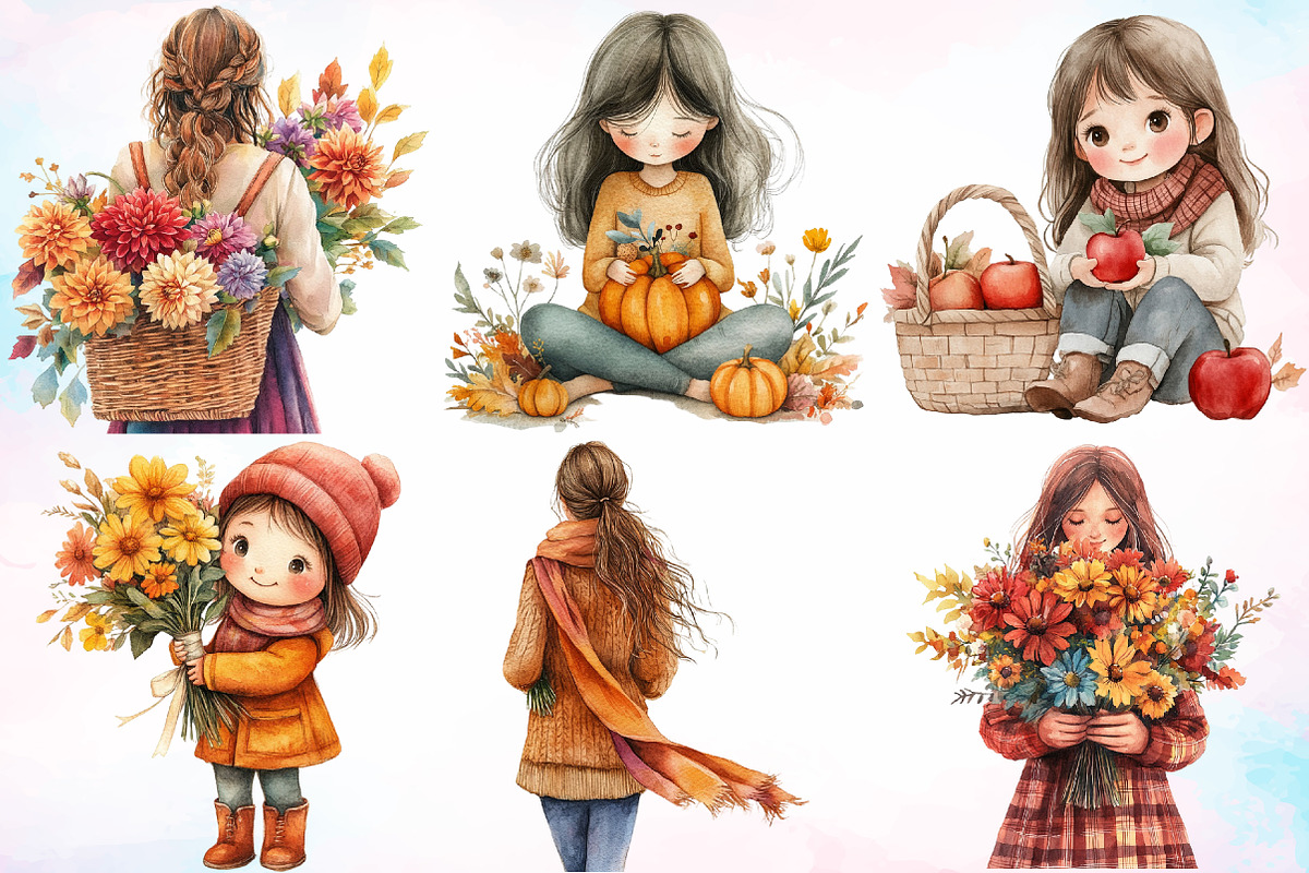 Girls with Fall Flowers Clipart PNG, a Seasonal Illustration by Canvas Craft (Photo 2 of 7)