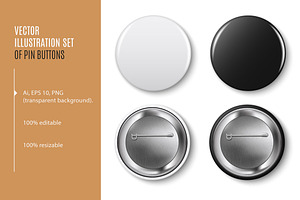 Pin Buttons. Vector Black, White Set