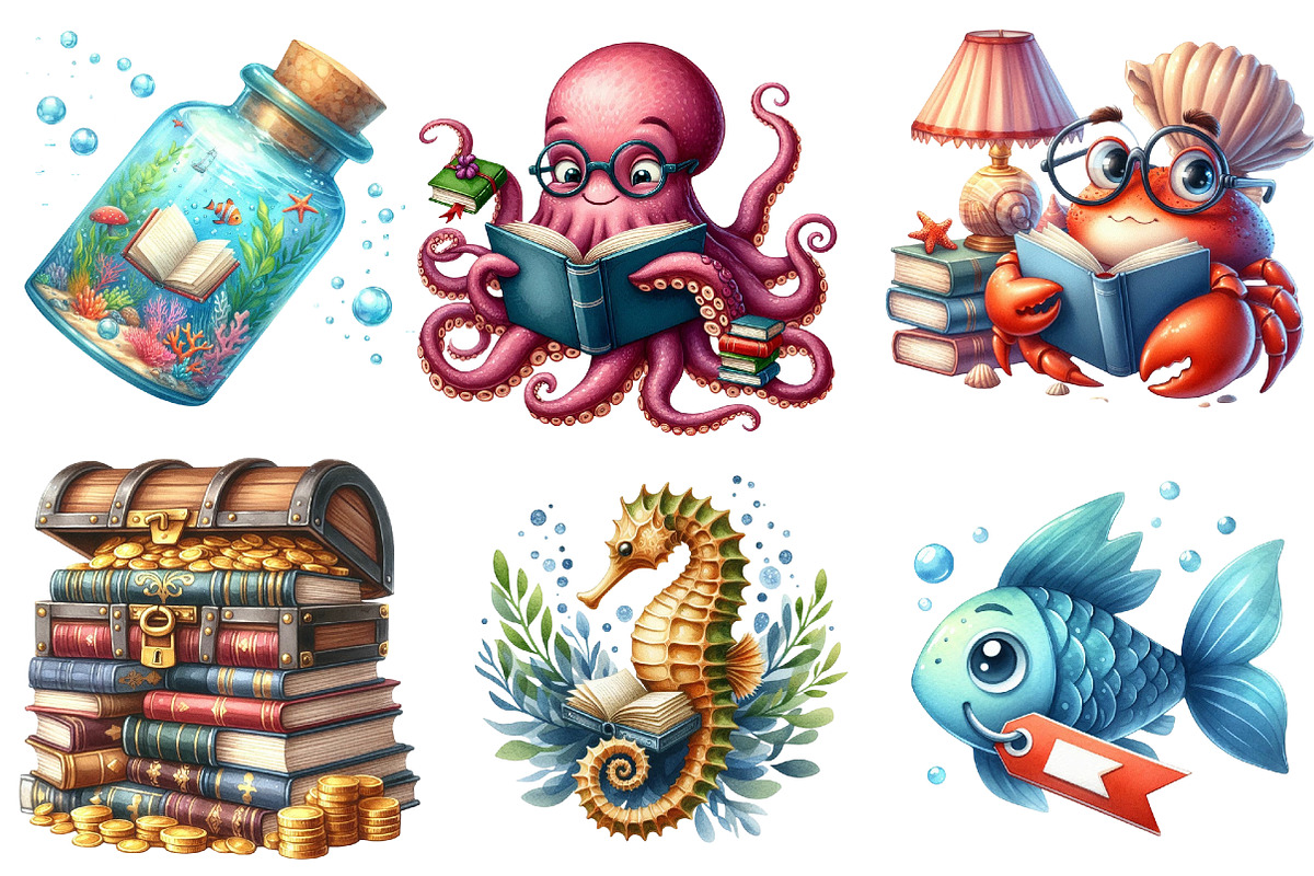 Undersea Reading Clipart, an Illustration by Watercolor design (Photo 4 of 4)