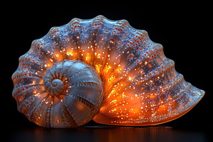 Colorful seashell illuminated agains, a Photo by Tanuart