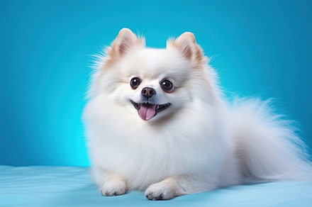 Pomeranian spitz on blue background, an Animal Photo by AlyaAnd
