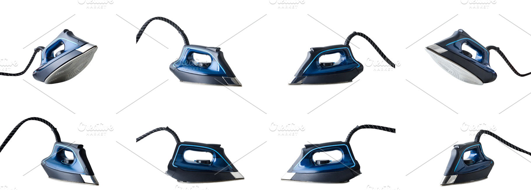Collection of views of blue steam iron isolated white, a Technology Photo by Davizro's Market