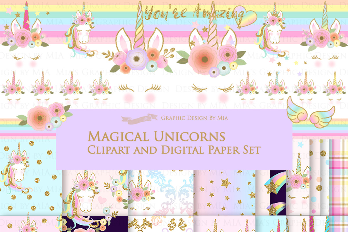 Unicorn Faces Gold Clipart, Pattern, an Illustration by Mia's Graphic Design (Photo 2 of 11)