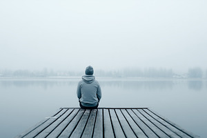 A lonely man in a hoodie sits on, a Person Photo by MistyDay