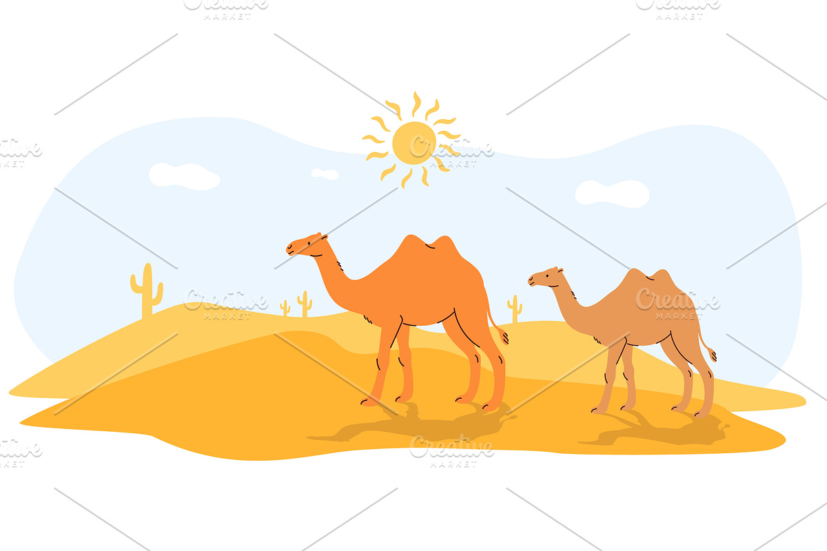 Camels walking on sand against, an Animal Illustration by Vectorbuum