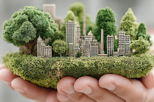 Handheld miniature green city representing sustainable business, urban ecology,, a Photo by AS photostudio