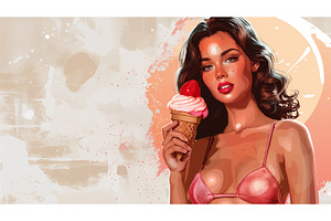 woman holding strawberry ice cream, a Person Illustration by AlexArt