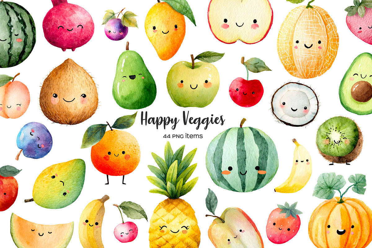 Watercolor Kawaii fruits clipart, a Food Illustration by Art and Funny (Photo 1 of 3)