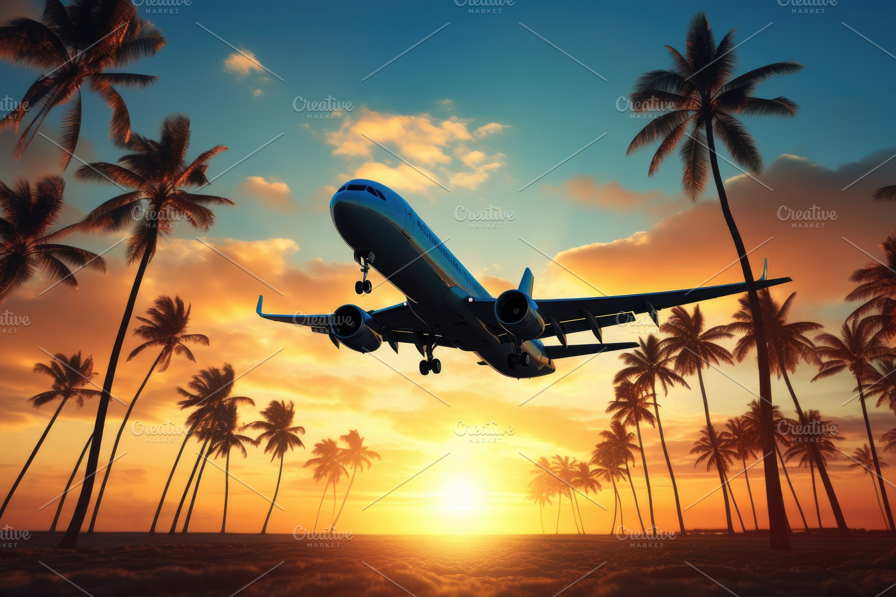 Airplane flying over palm trees at s, a Photo by Iftikhar Alam